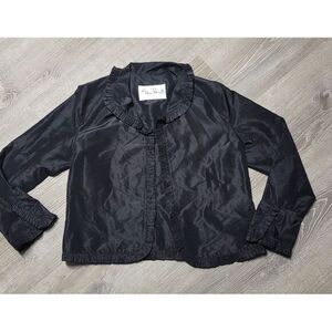 SYLVIA HEISEL WOMEN'S‎ BLACK 100% SILK JACKET SIZE 12 RUFFLED SLEEVES LAPEL HEM